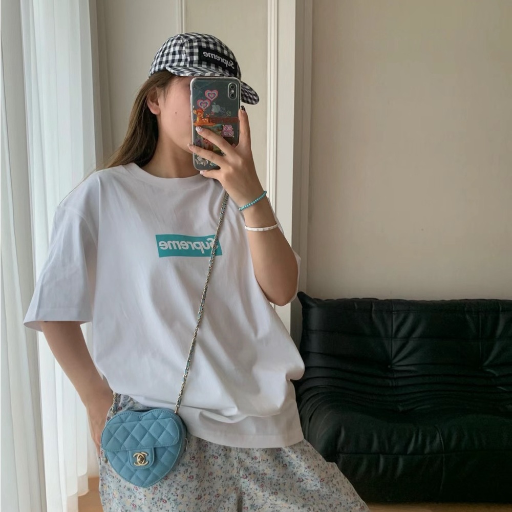 Supreme Box Logo Tee - White with Teal Print